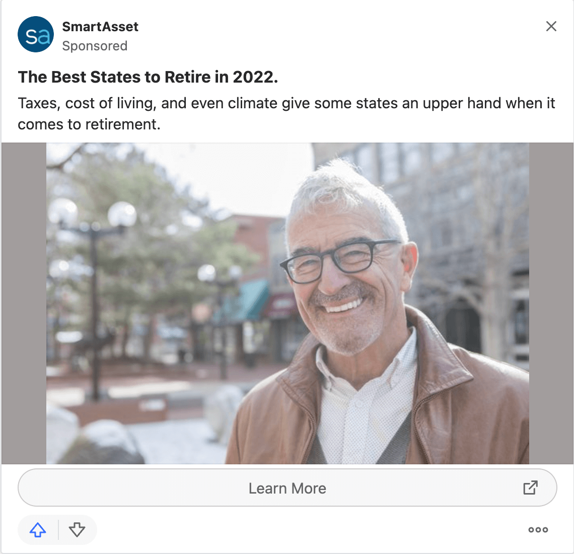 A sponsored post from SmartAsset. The Question is The Best States to Retire in 2022. A photo of a smiling older white man accompanies the question. 