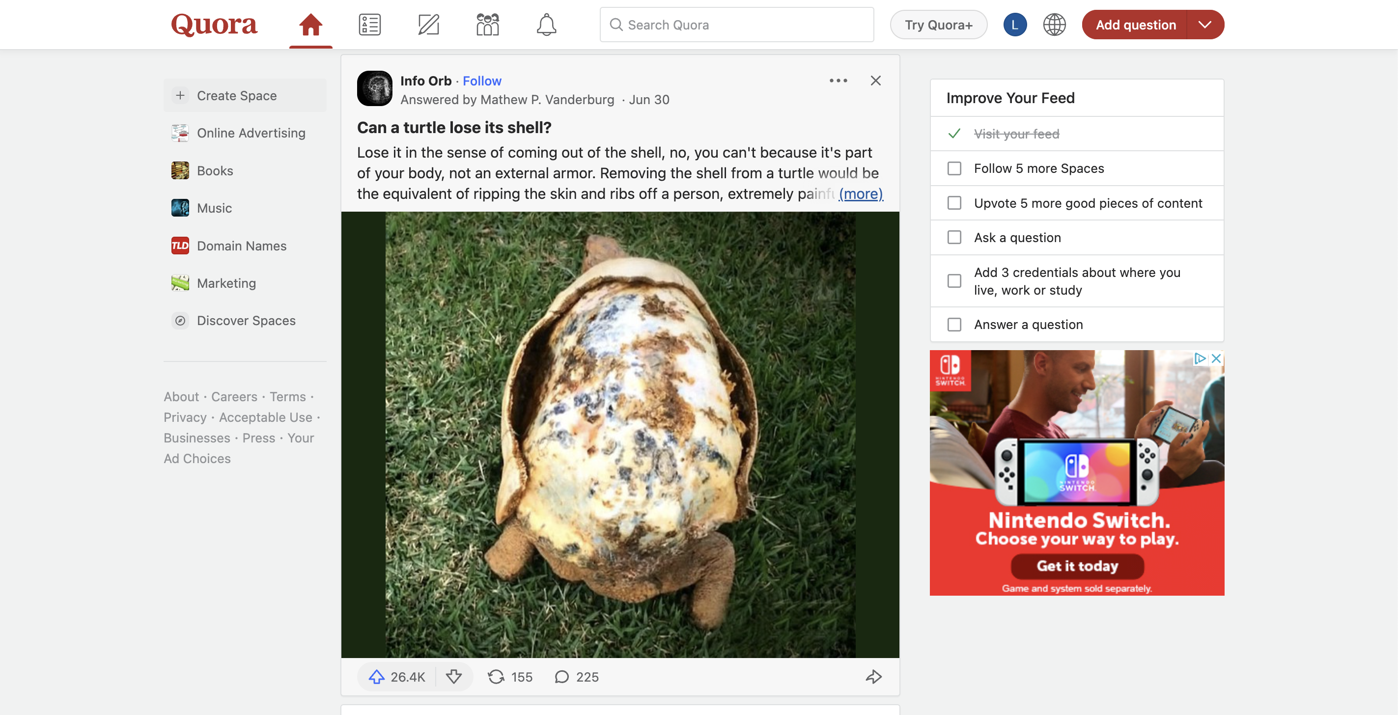 A screenshot of the Quora feed with a question about turtles losing their shells on top. 