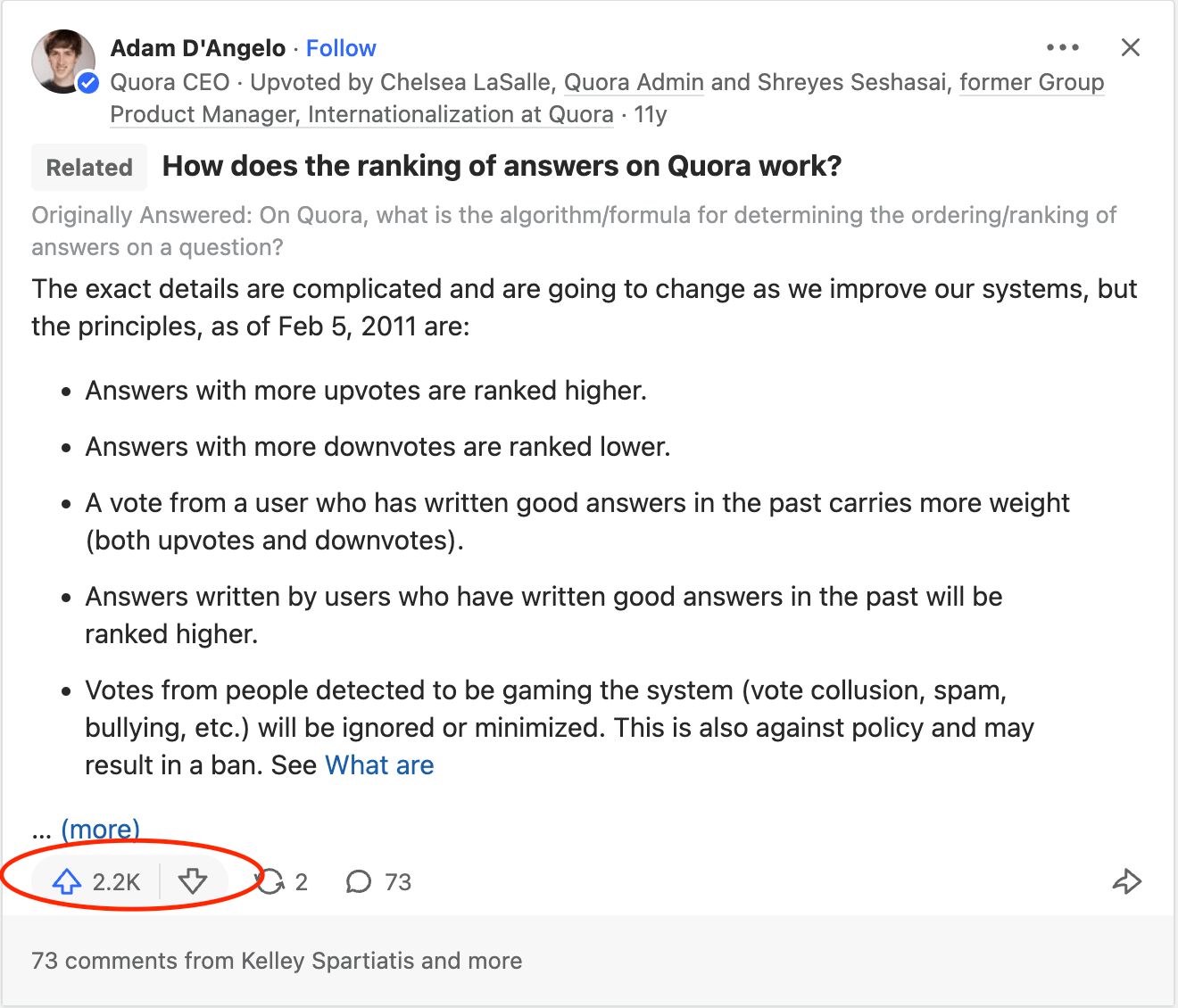An answer from Adam D'Angelo, CEO of Quora, with the upvote and downvote buttons circled