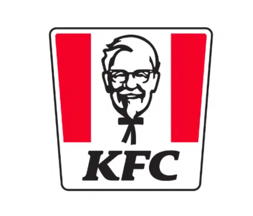 The current KFC logo: a square with Colonel Sanders' face and a red stripe on each side