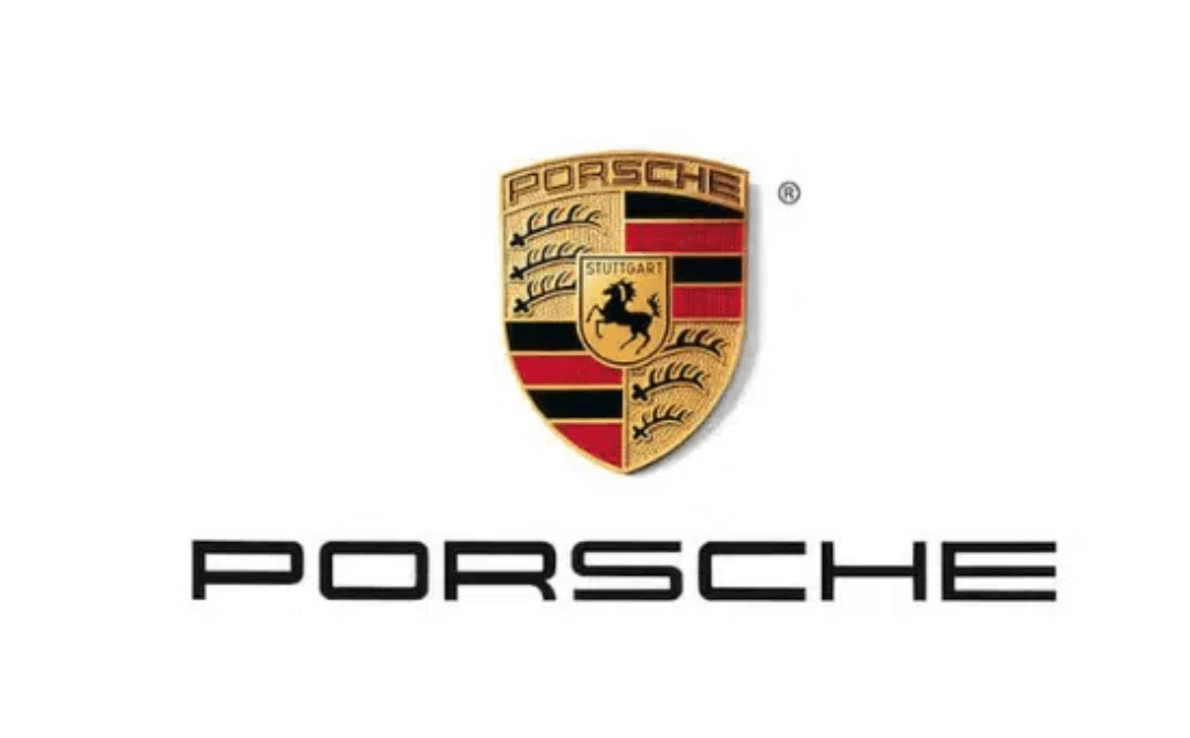 The Porsche crest with a horse and the word Stuttgart in the middle, black and red stripes in the top right and bottom left quadrants, and curved lines in the top left and bottom right quadrants