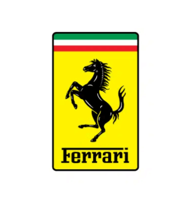 The Ferrari logo: a black horse on a bright yellow background and the Italian flag colors at the top