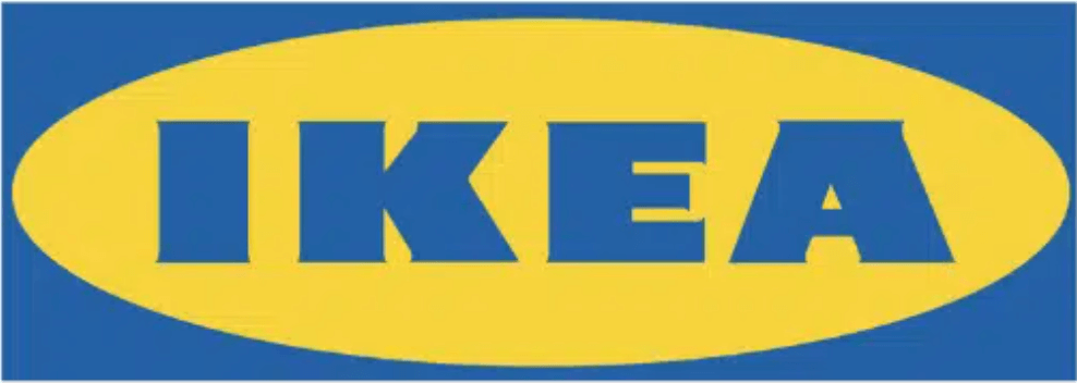 The IKEA logo: The name in blue letters surrounded by a yellow oval within a blue square