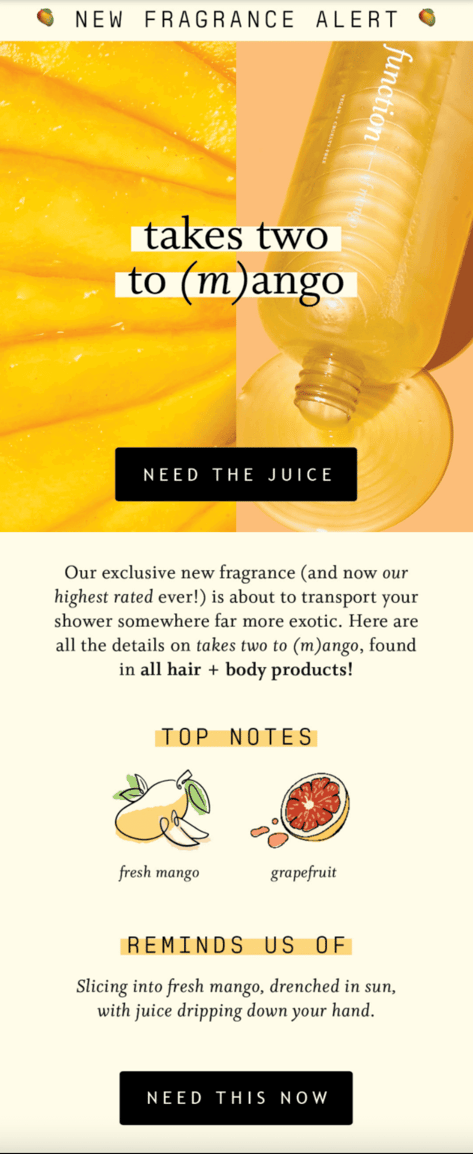 An email from Function of Beauty promoting a new mango fragrance