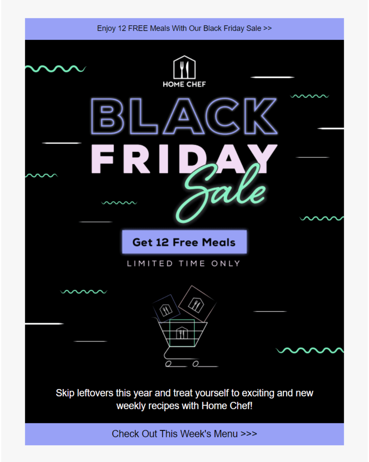 A Black Friday email from Home Chef offering a "Get 12 meals free" promotion