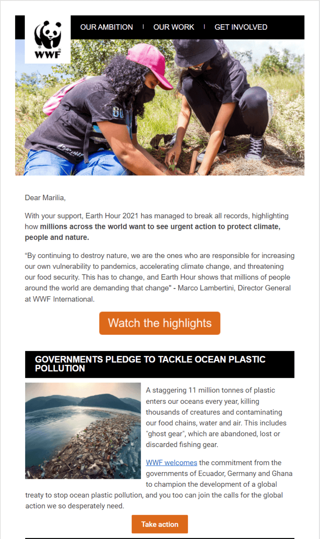 WWF's newsletter featuring an image of two girls planting a tree followed by a feature about ocean plastic pollution