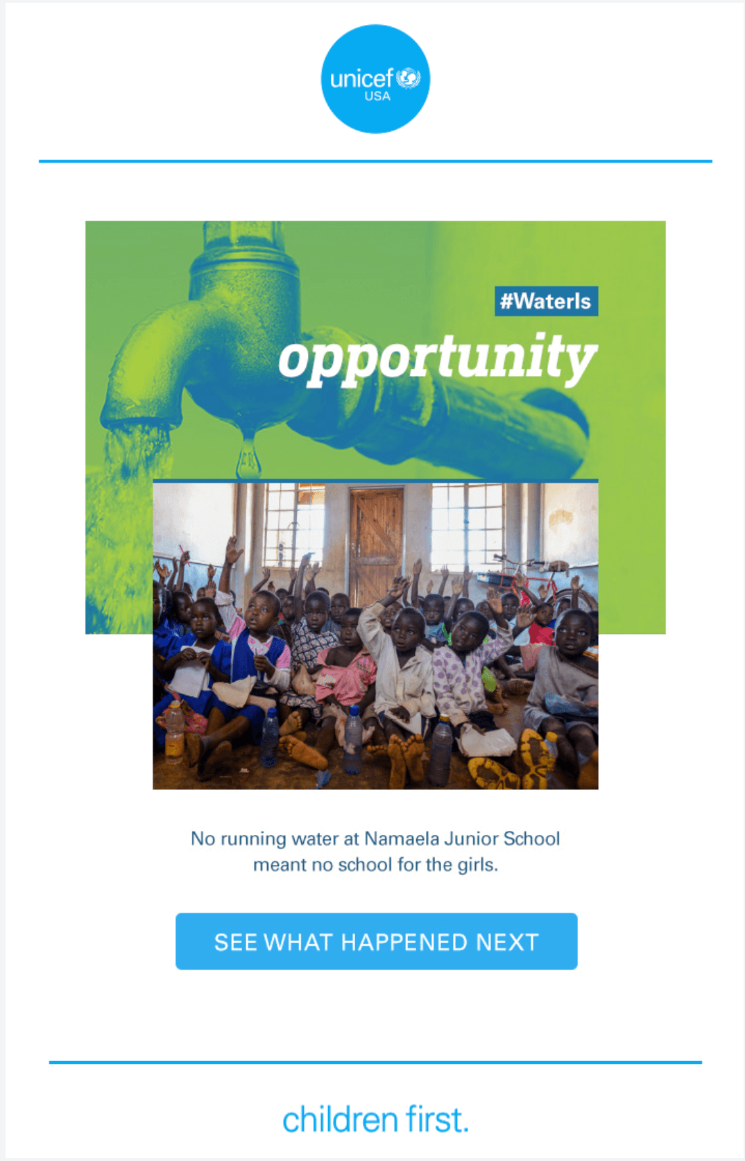 An email from UNICEF telling a story about providing clean water for a school. The headline reads "#WaterIsOpportunity"