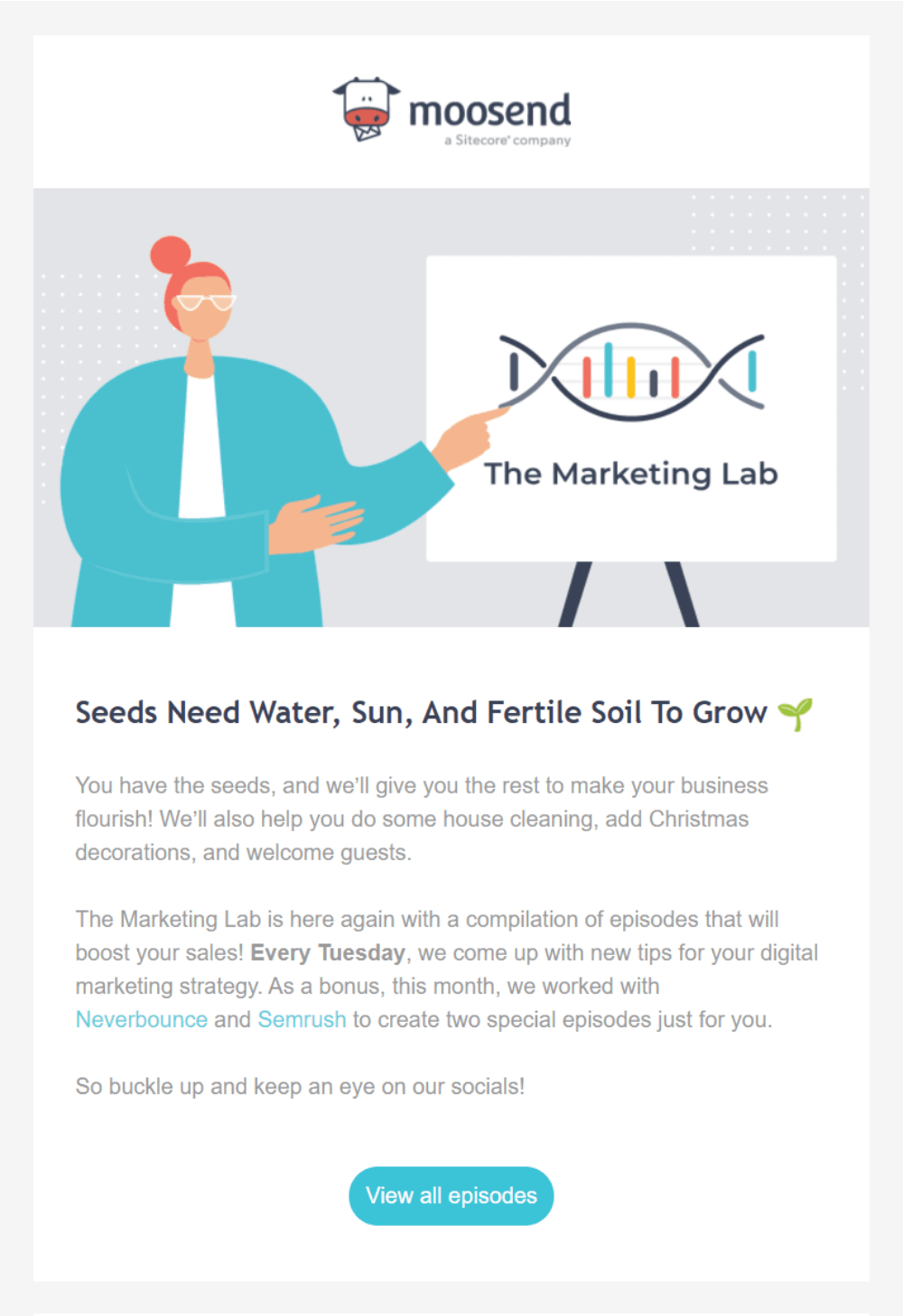 An email from Moosend's "The Marketing Lab" series with a cartoon of a teacher pointing at a white board that says "The Marketing Lab"
