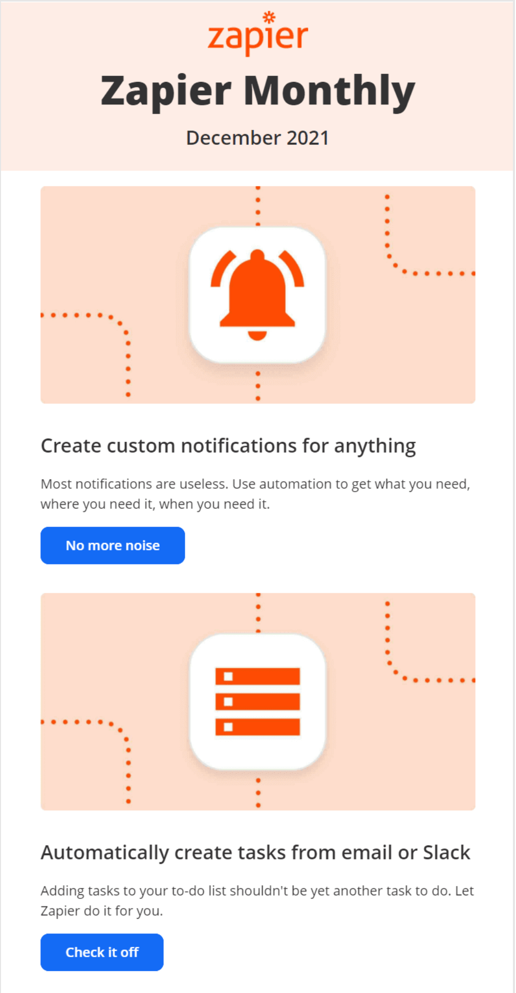 A Zapier email promoting custom notifications and integrations with email and Slack