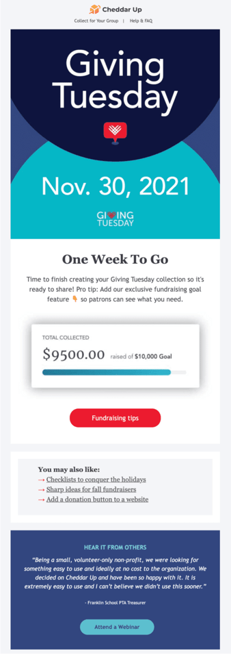 A Giving Tuesday email from Cheddar Up