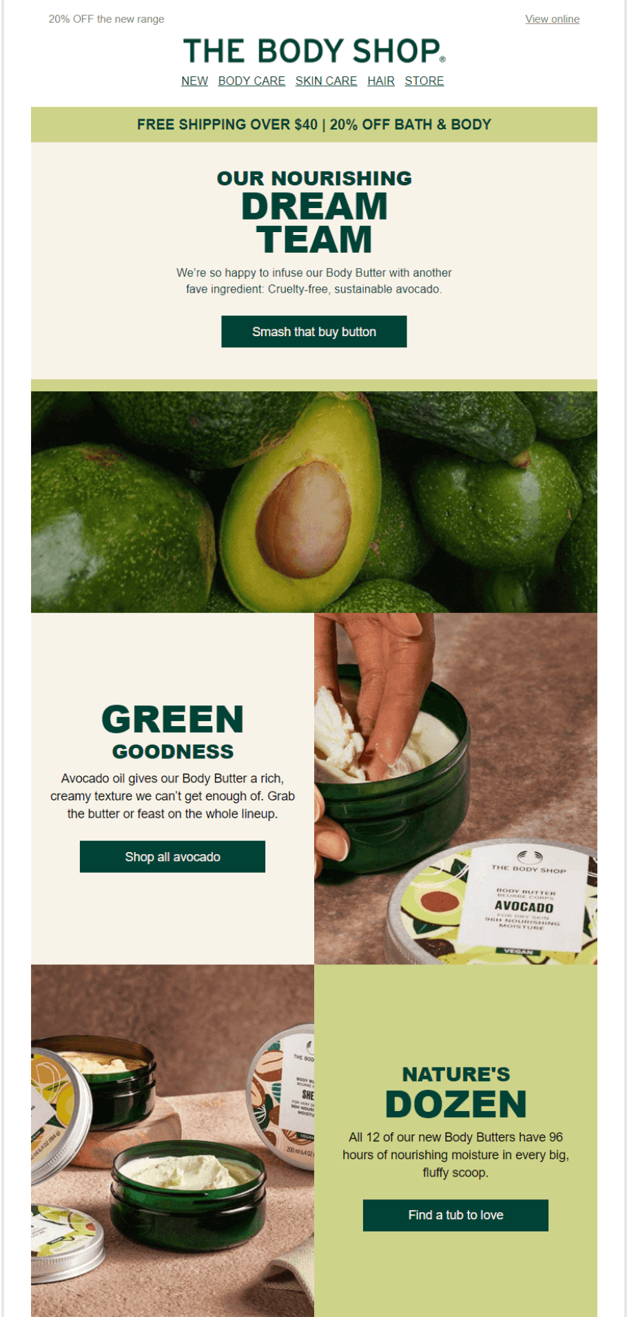 A The Body Shop email promoting avocado body butter. The photos artfully stage the product alongside actual avocados. 