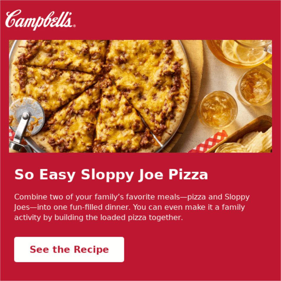 An email promoting the recipe for "So Easy Sloppy Joe Pizza" featuring a photo of the pizza