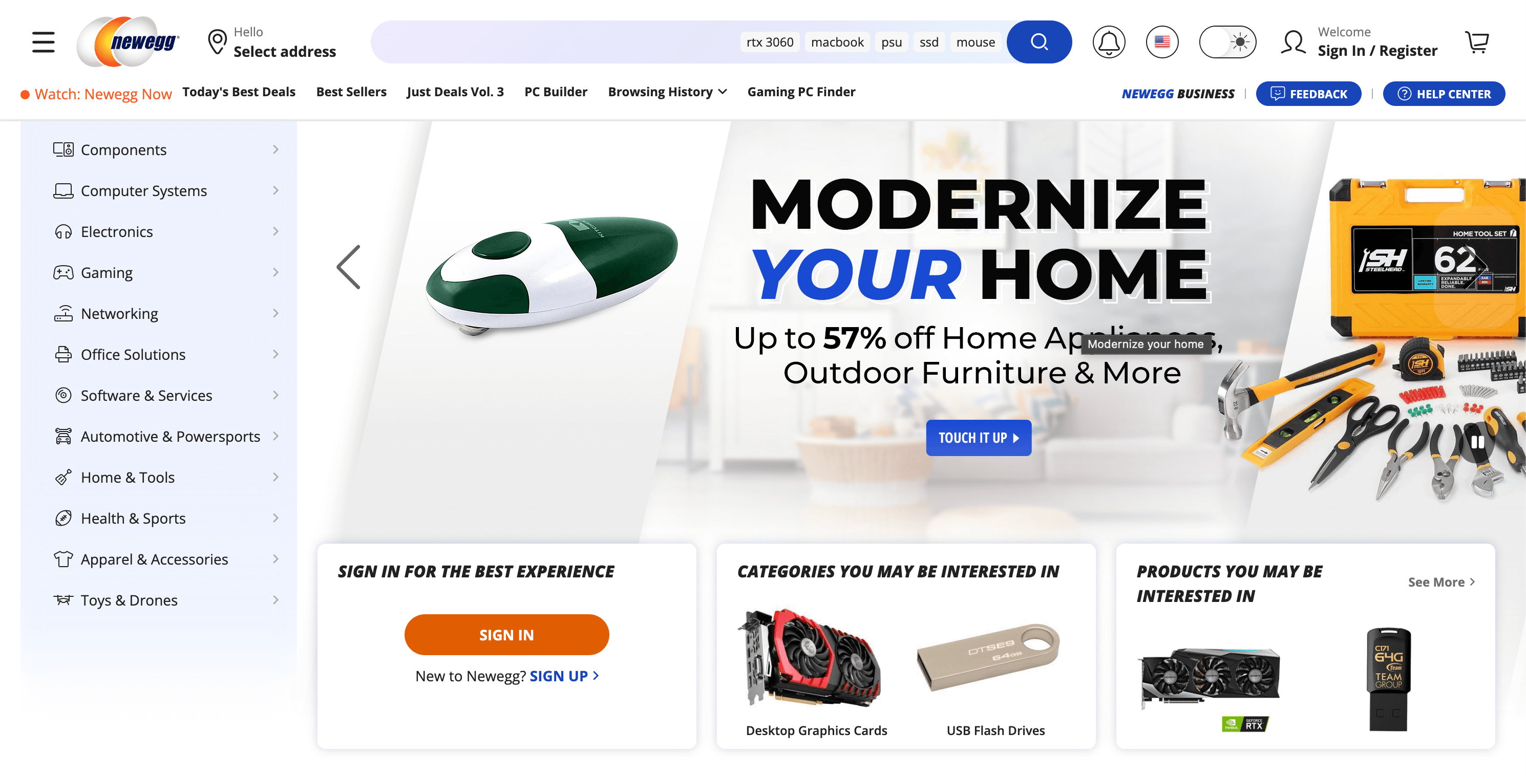 Newegg's home page