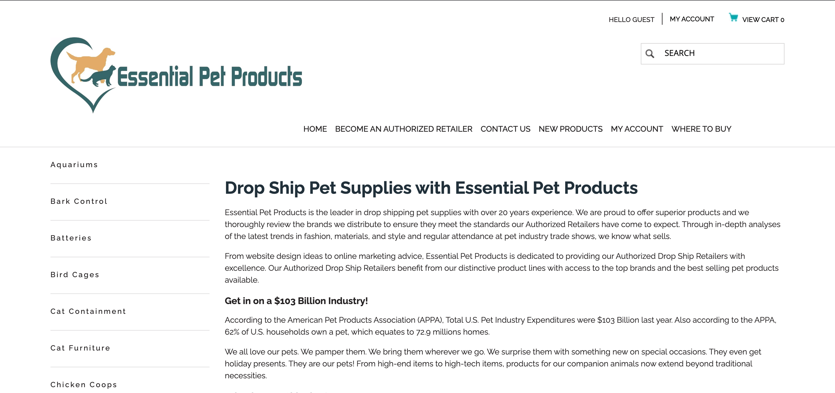 Essential Pet Products' homepage