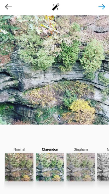 The Clarendon filter over a photo of a gorge in the fall
