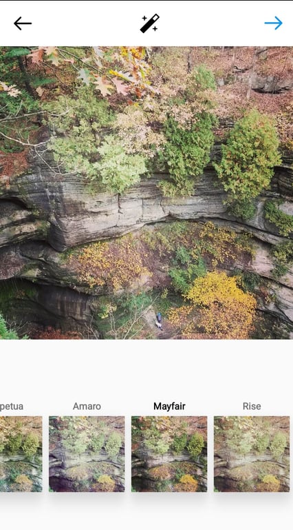 The Mayfair filter over a photo of a gorge in the fall