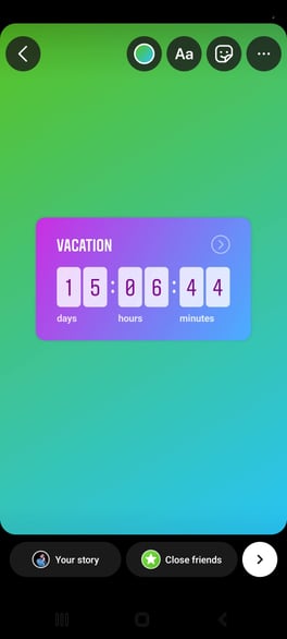 A countdown sticker to "Vacation" in 15 days, 6 hours, and 44 minutes