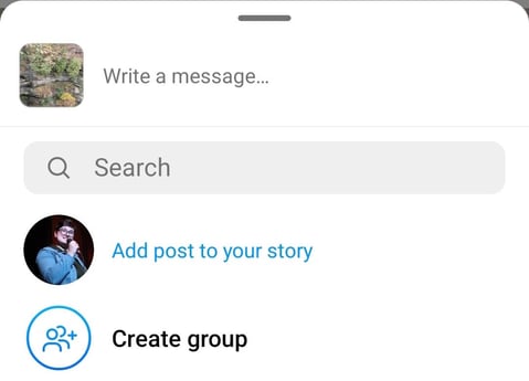 The screen that comes up after you tap the icon with the options to add the post to your story or send it to another user