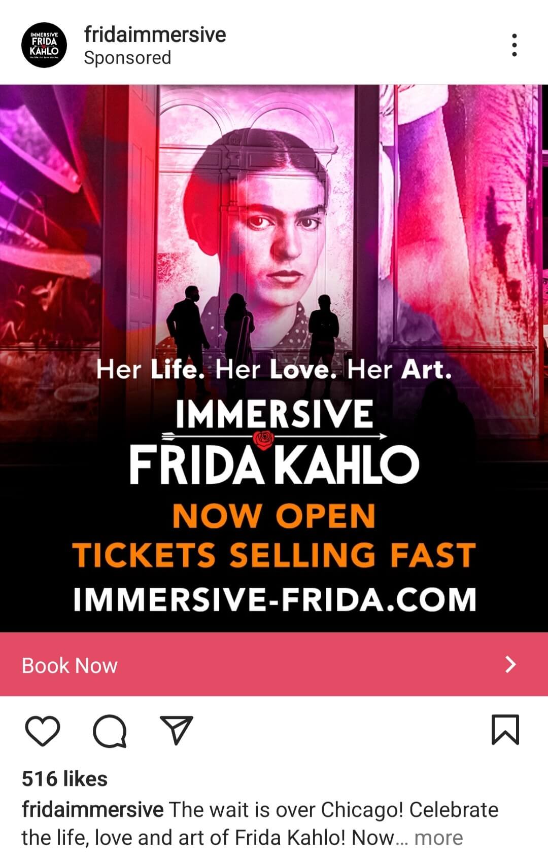 An Instagram ad for an immersive Frida Kahlo exhibit