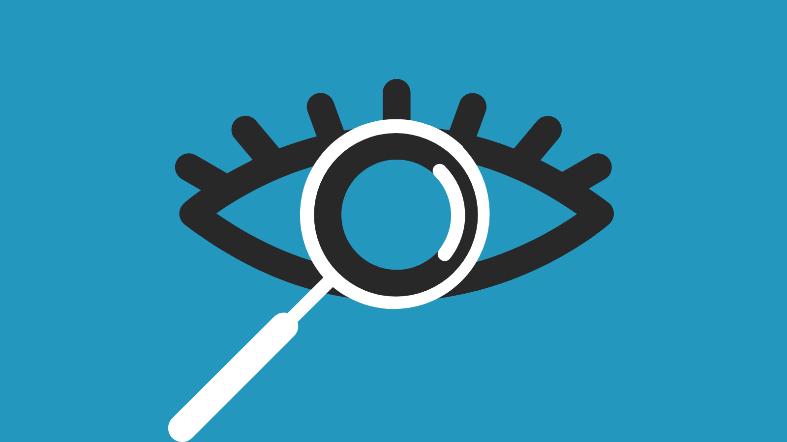 A graphic of a magnifying glass help up to an eye