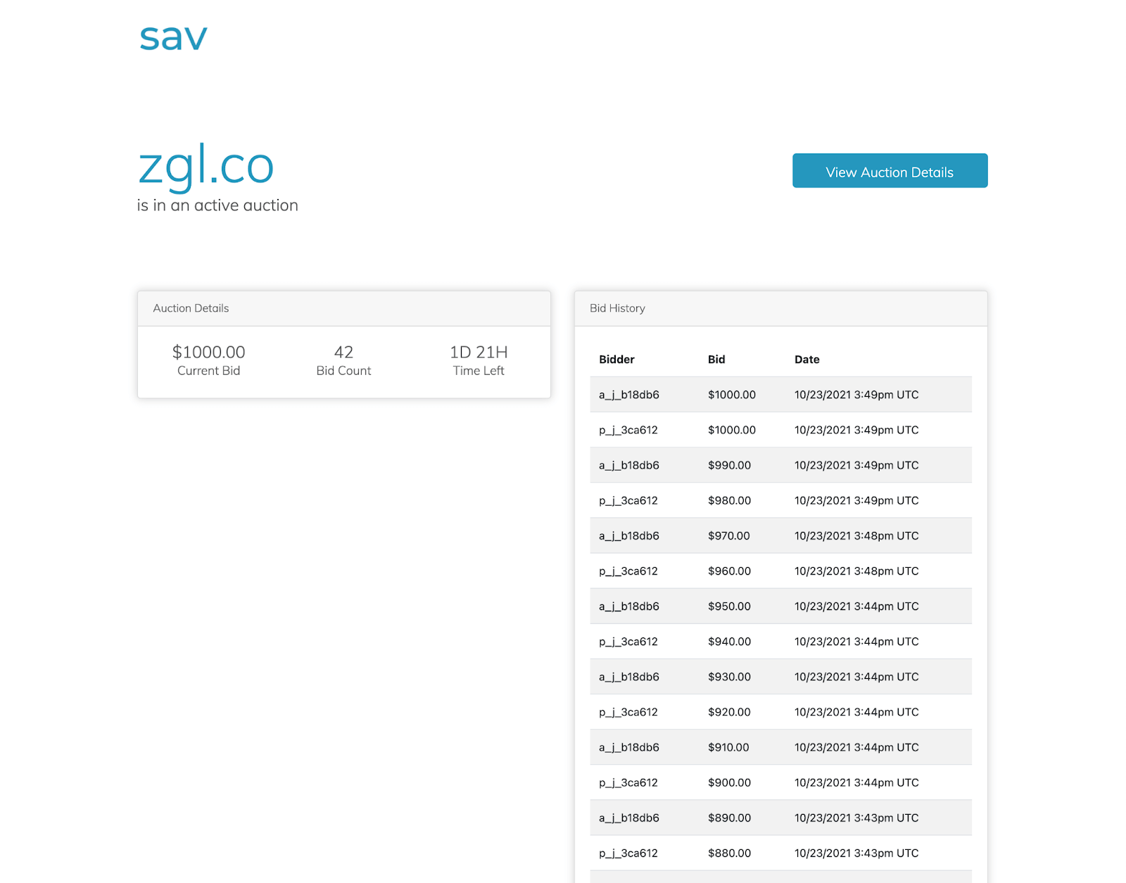 An active auction page for zgl.xyz