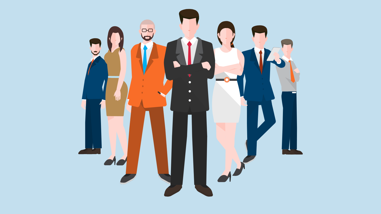 Seven people in business attire standing in a V formation