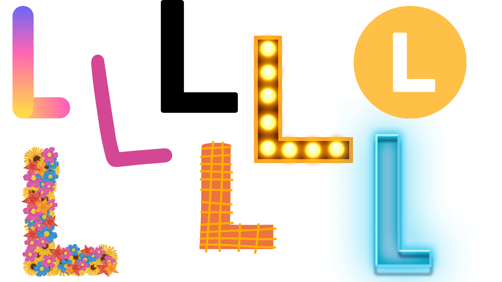 Several different stylized letter Ls