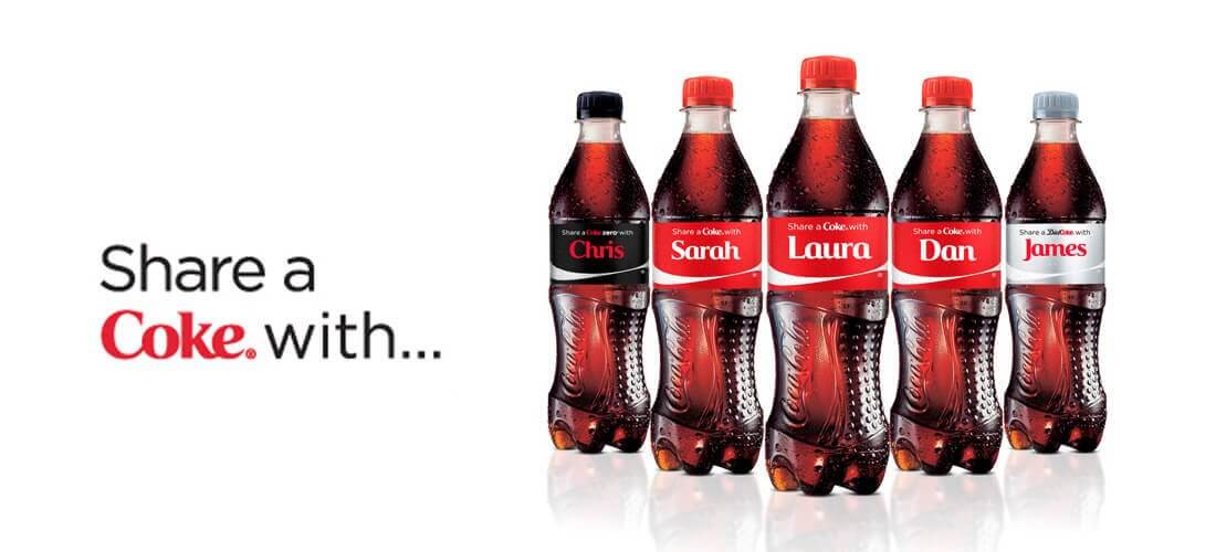 A print ad that reads "Share a Coke with..." and five Coke bottles with the names Chris, Sarah, Laura, Dan, and James