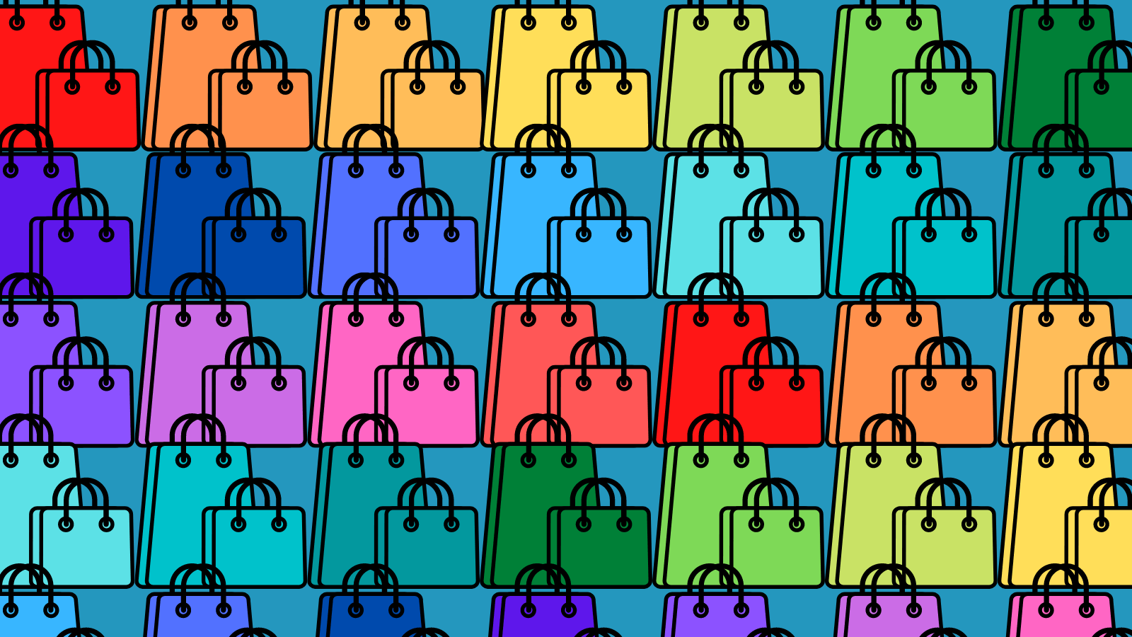 A repeated pattern of brightly coloredshopping bags