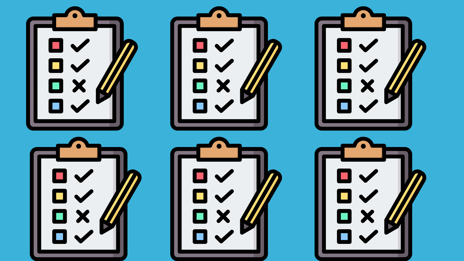 Six clipboards with checklists