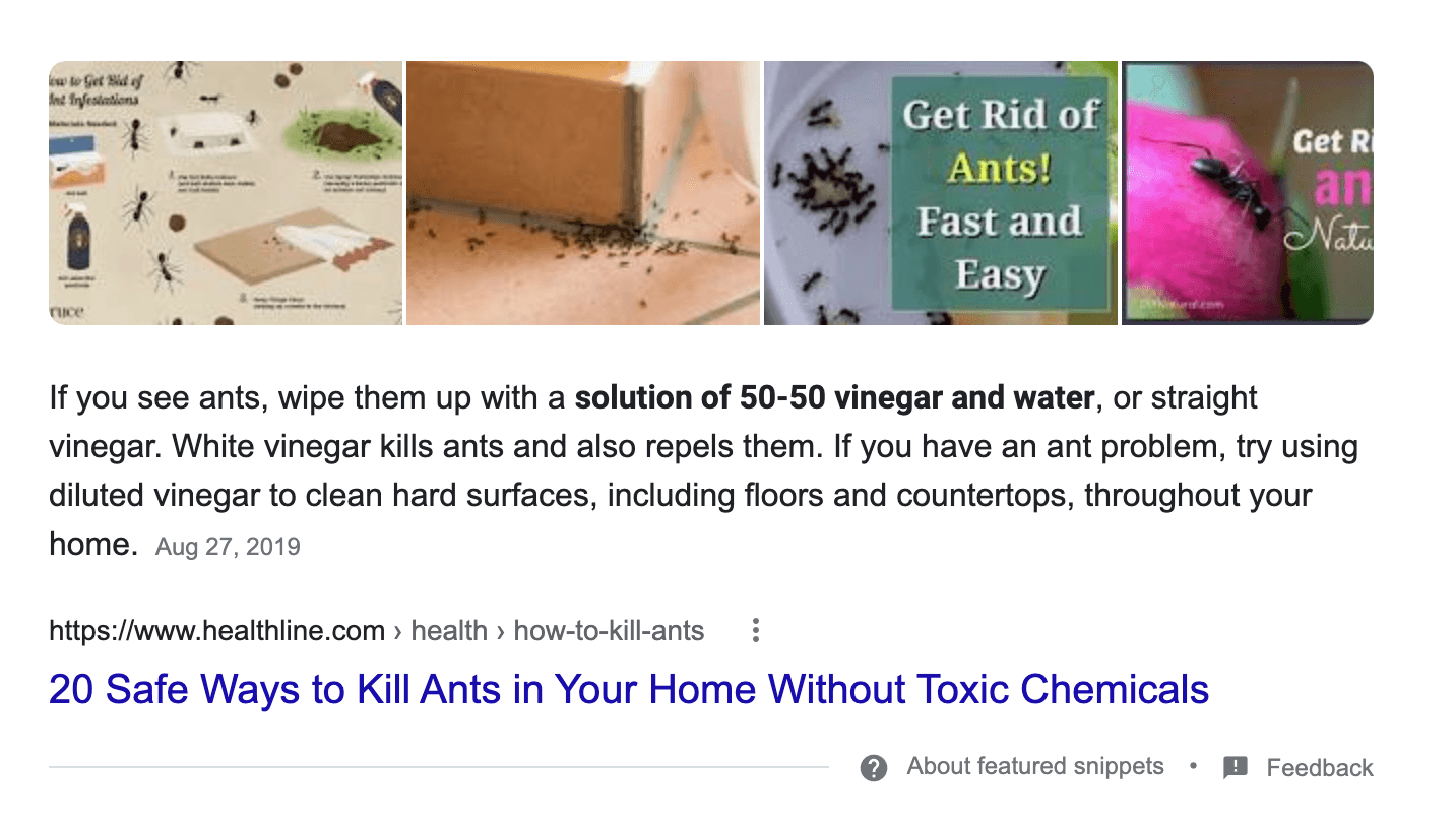 A featured snippet with the headline "20 Safe Ways to Kill Ants in Your Home Without Toxic Chemicals"