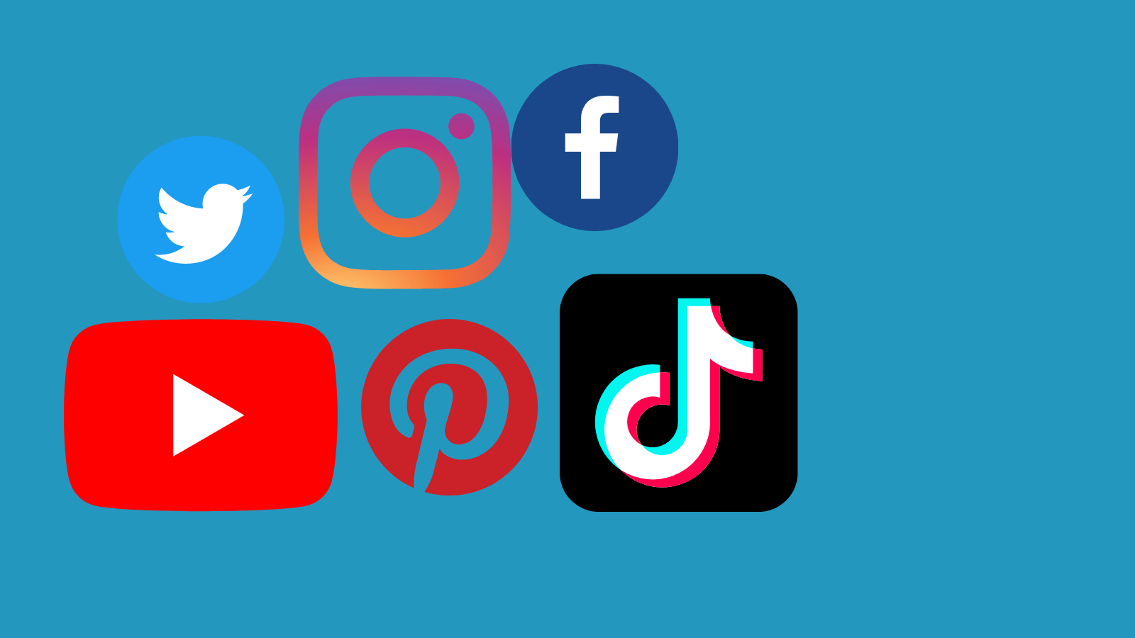 Logos of Twitter, Instagram, Facebook, YouTube, Pinterest, and TikTok