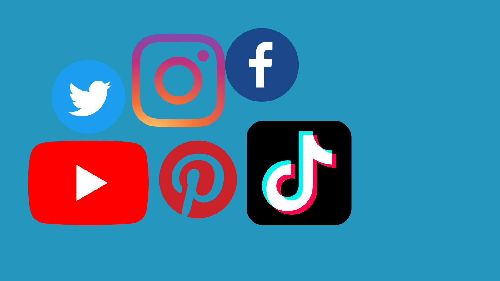 The logos of Twitter, Instagram, Facebook, YouTube, Pinterest, and TikTok