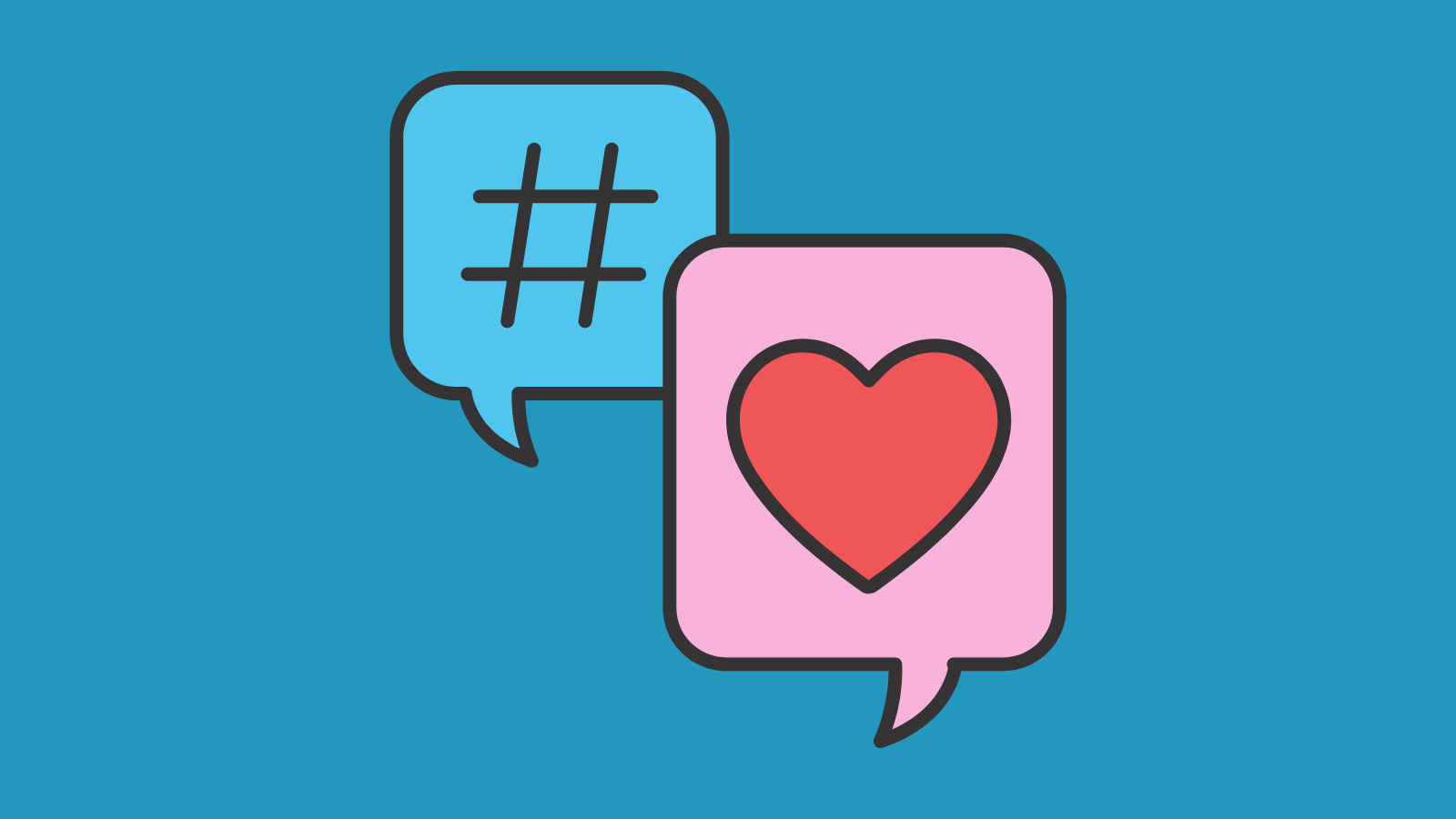 Two speech bubbles, one with a hashtag and another with a heart