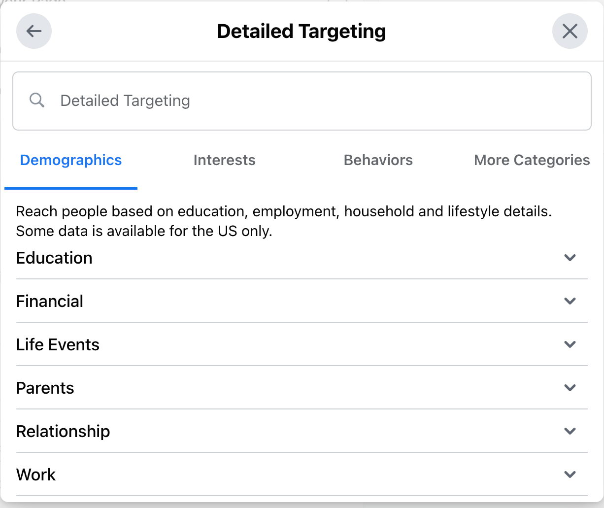Facebook's Detailed Targeting page