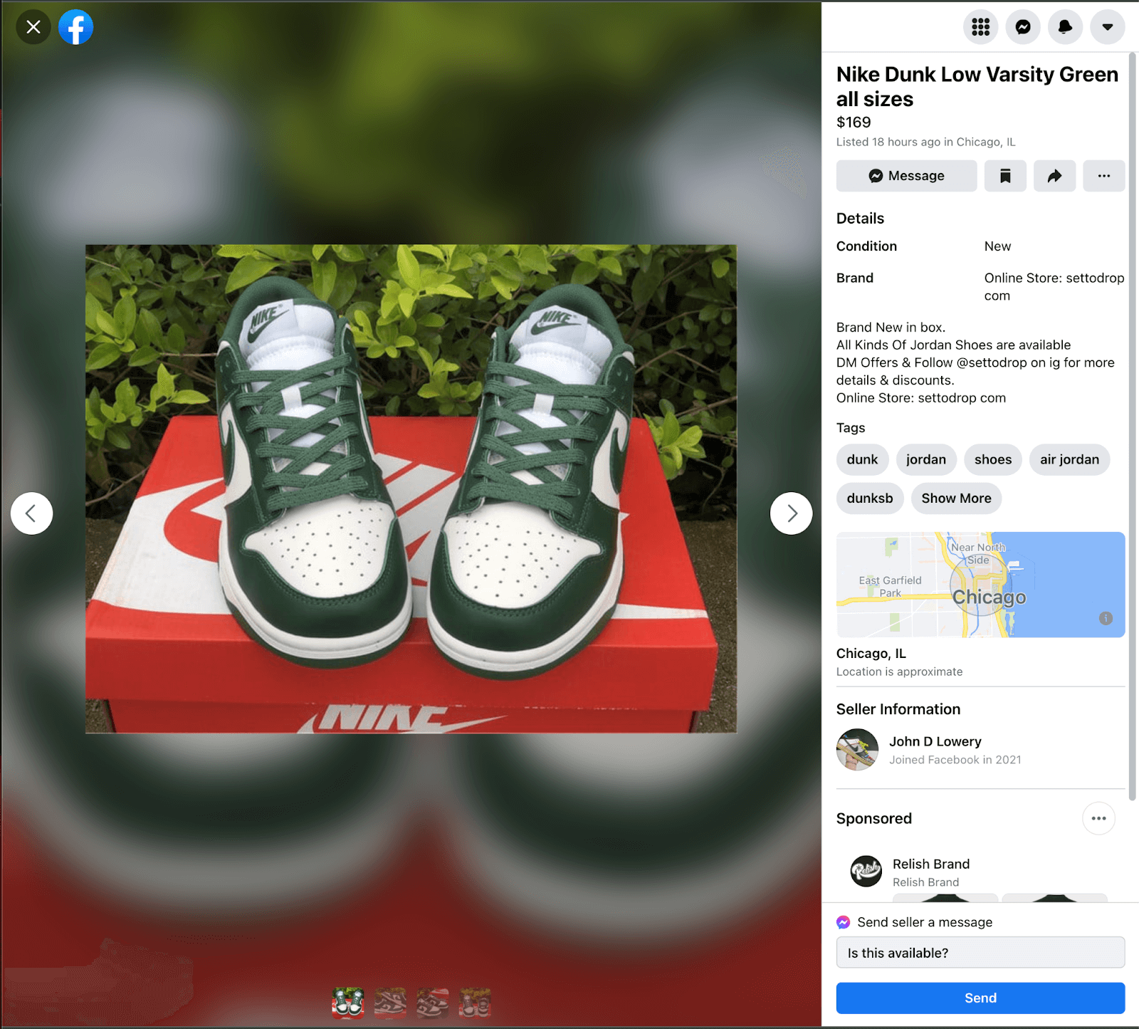 A Facebook Marketplace listing for a pair of green and white Nike basketball shoes