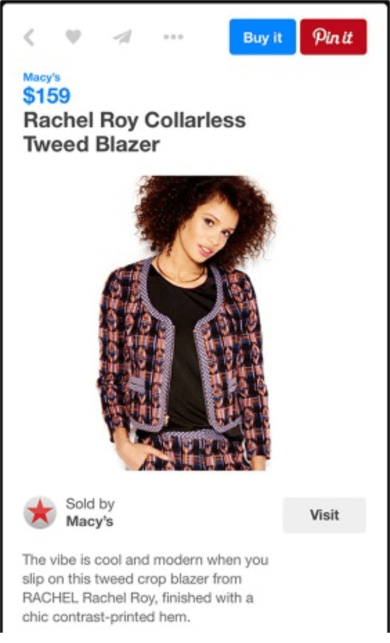A buyable pin featuring a woman modeling a Macy's pantsuit