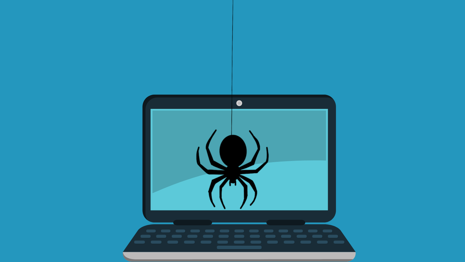 A spider dangling on a web in front of a computer