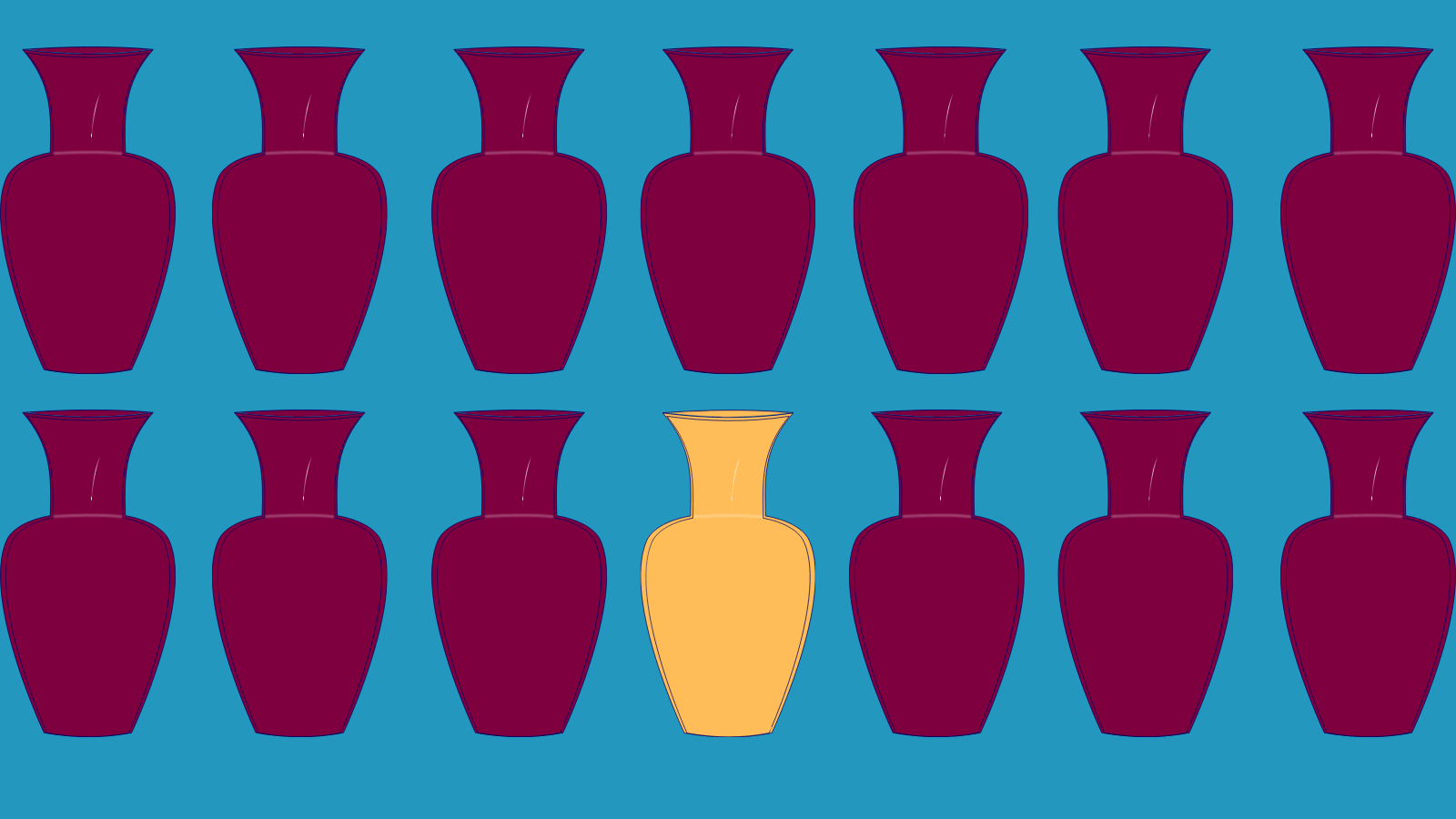 One gold vase among maroon vases