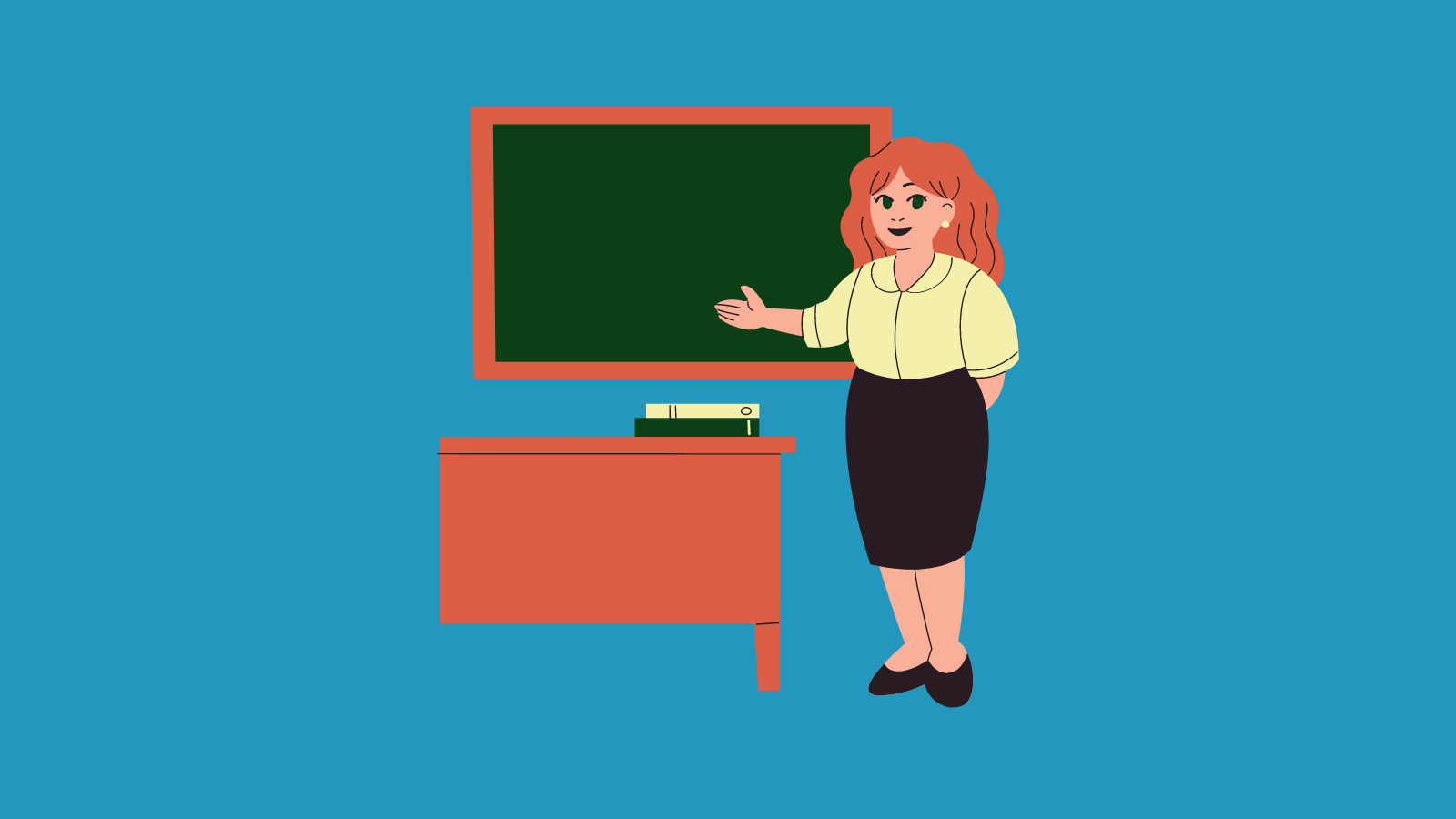 A teacher gesturing at a chalkboard