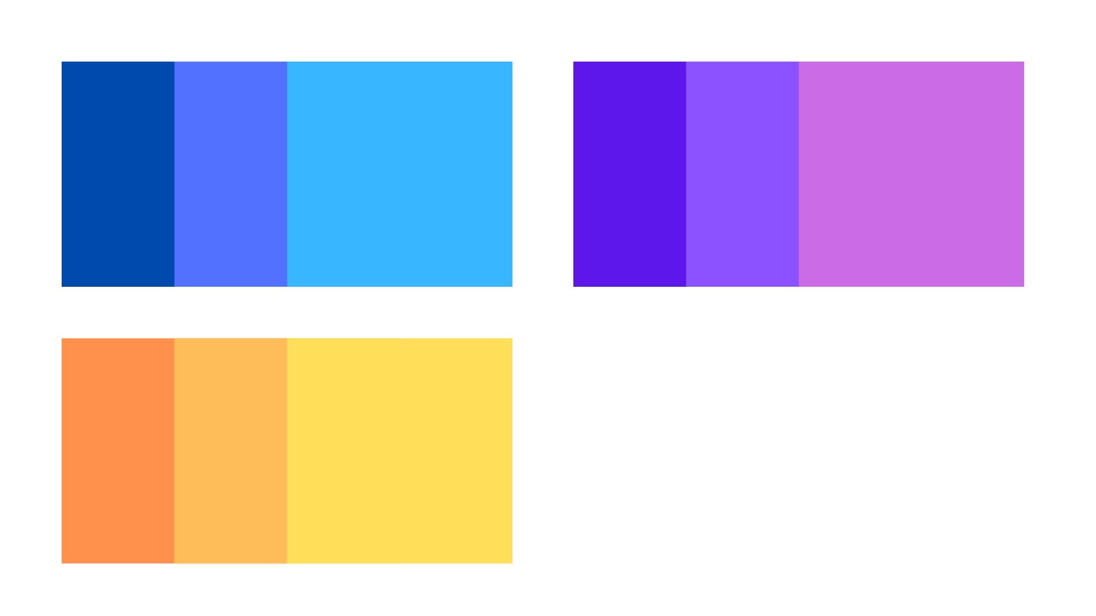 Three shades of blue grouped together, three shades of purple grouped together, and three shades of orange grouped together.