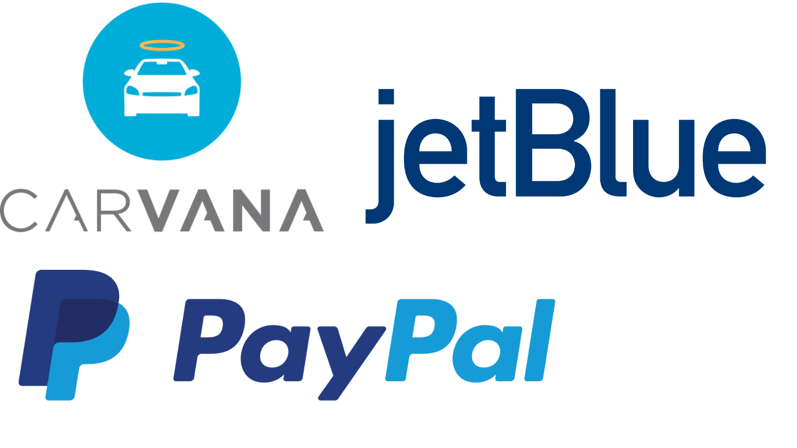 The logos and wordmarks for Carvana, PayPal, and JetBlue