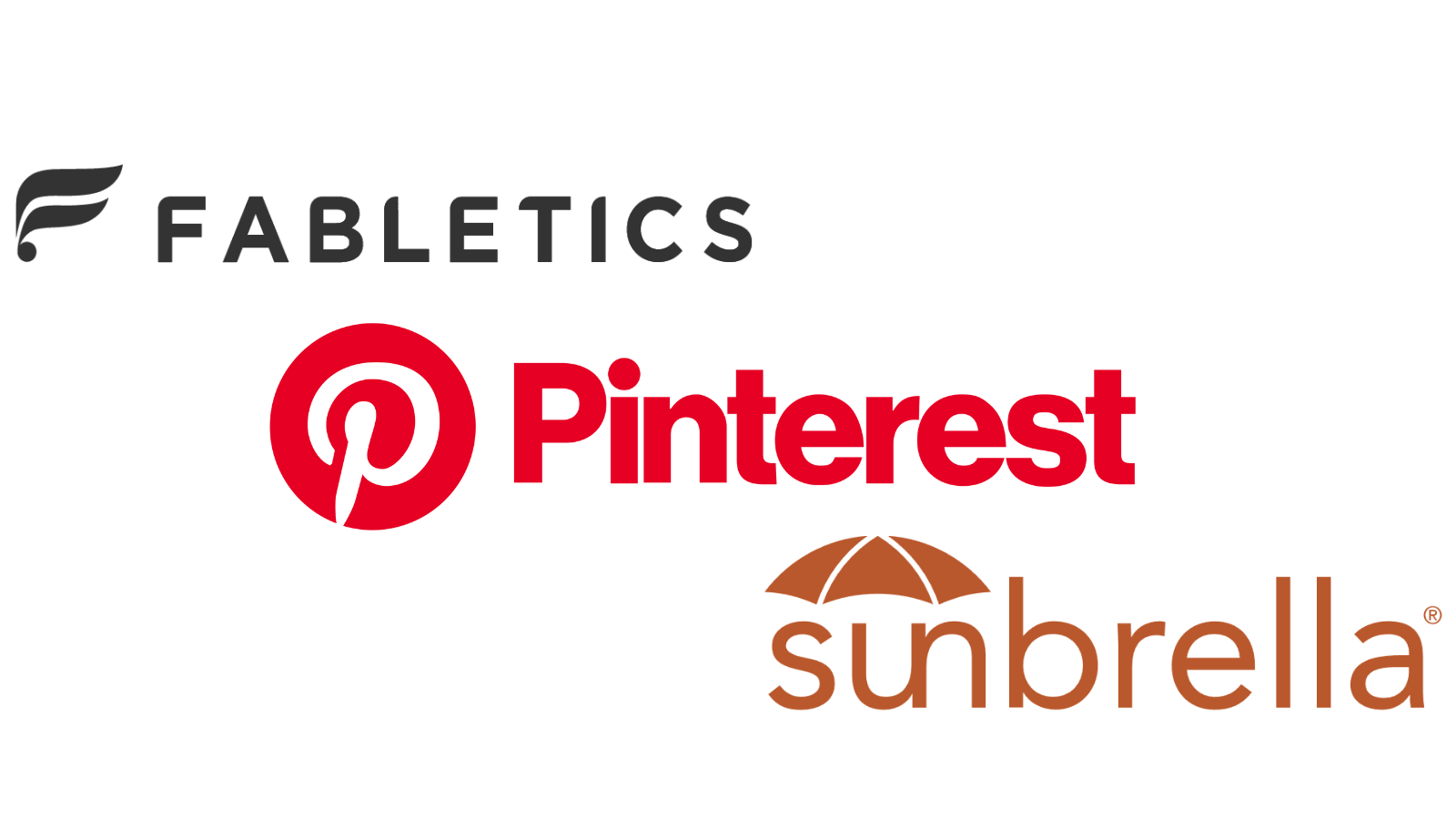 The logos and wordmarks for Fabletics, Pinterest, and Sunbrella