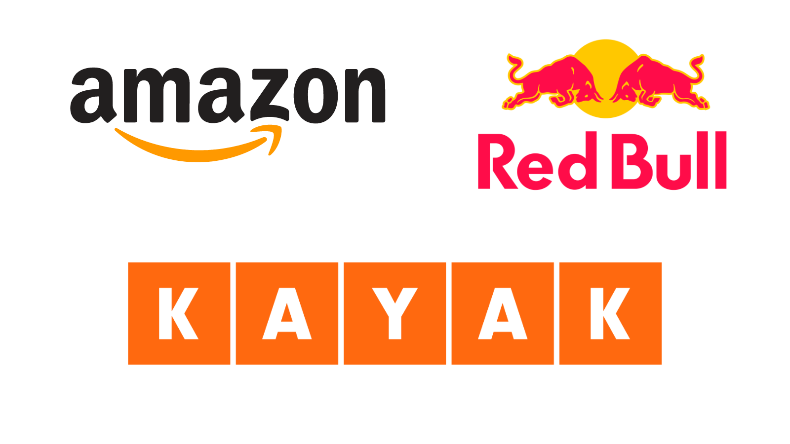 The logos for Amazon, Red Bull, and Kayak