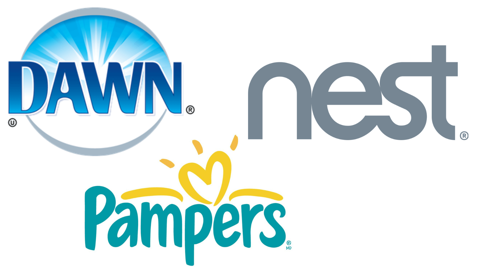 The logos for Dawn, Nest, and Pampers