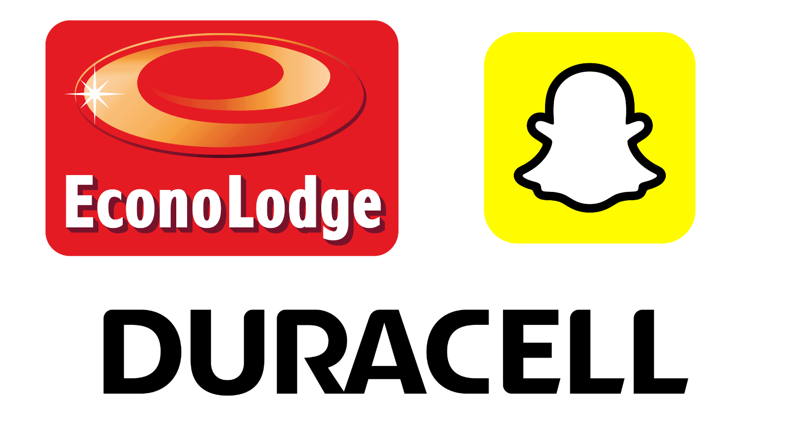 The logos for EconoLodge, Snapchat, and Duracell