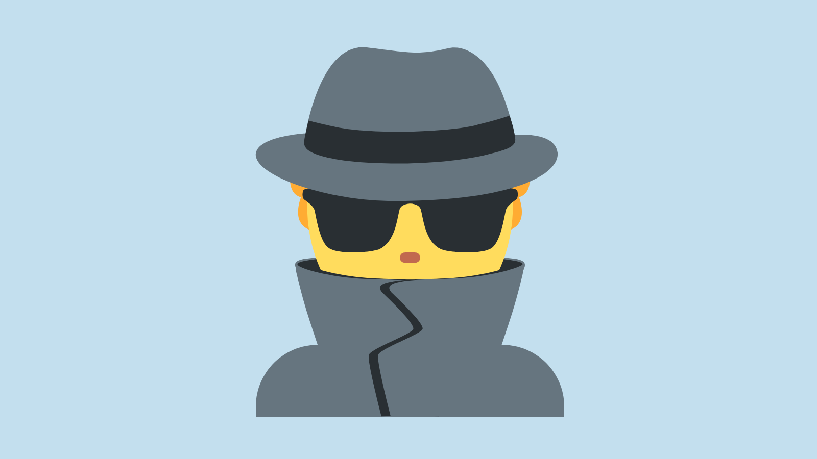 The spy emoji, a person wearing a grey coat and hat and sunglasses