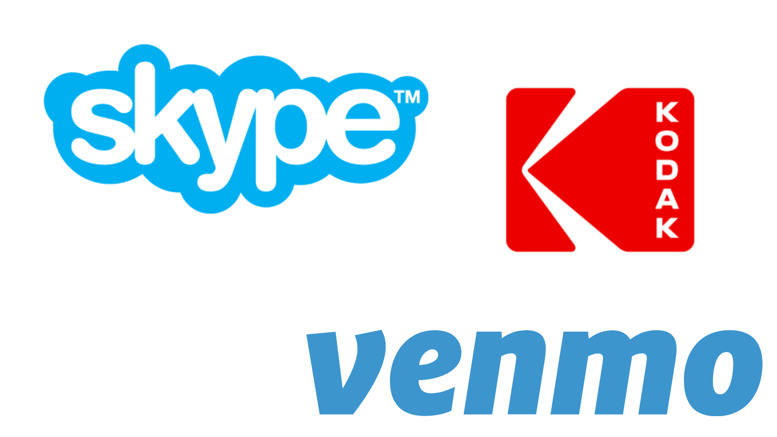 The wordmarks for Skype, Kodak, and Venmo