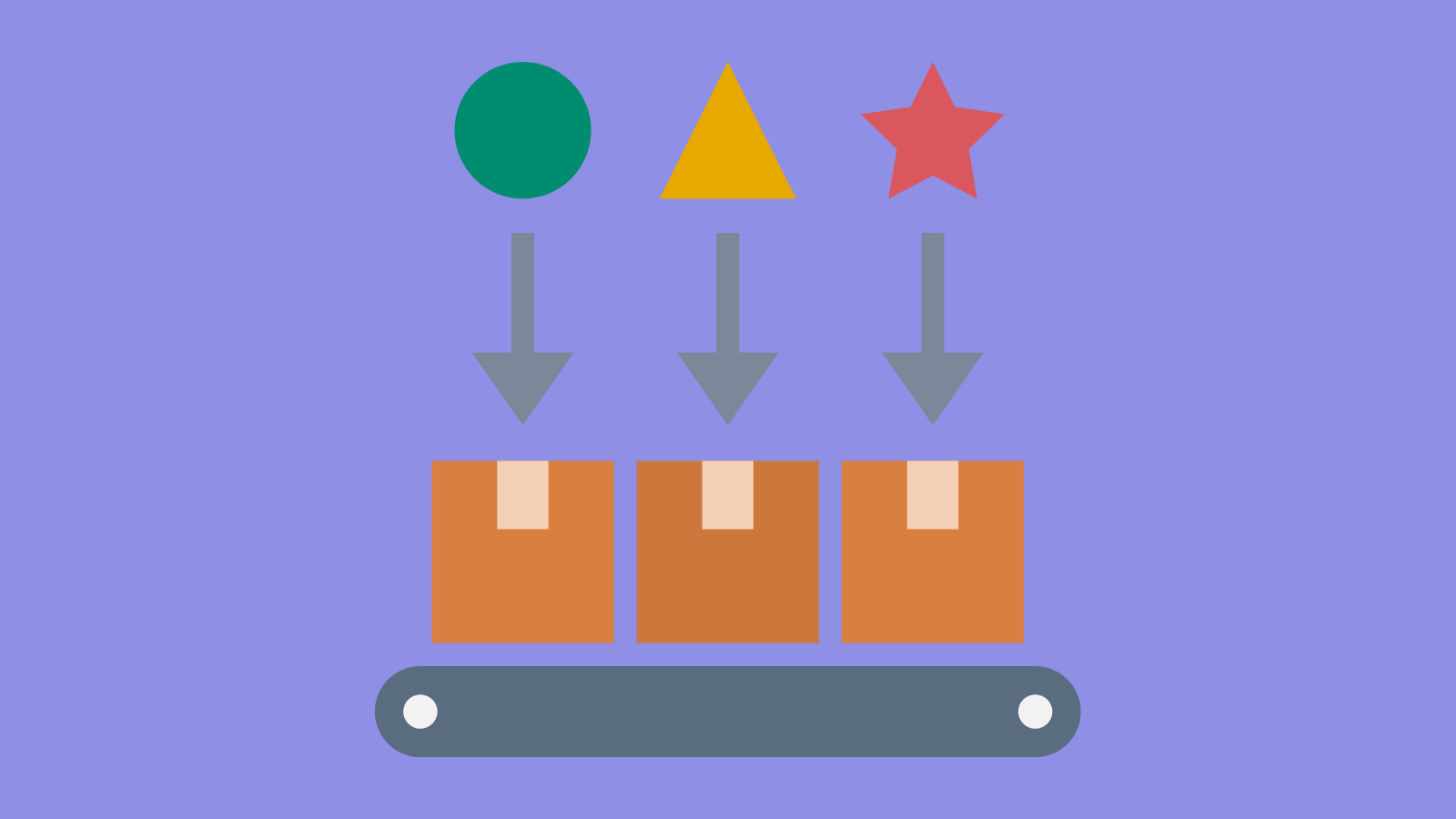 Three boxes on a conveyor belt with a circle, a triangle, and a star each pointing at one