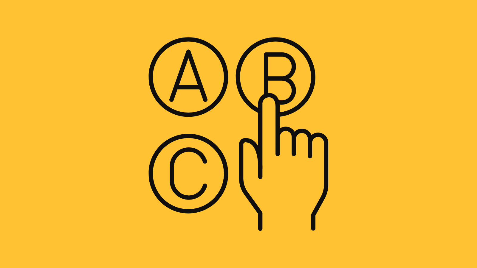 Three circles labeled A, B, and C and a hand pointing to B